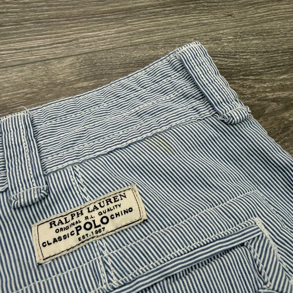 Polo Cargo Shorts Mens 35 White Blue Pinstripe Cotton Classic Y2K Baggy Loose